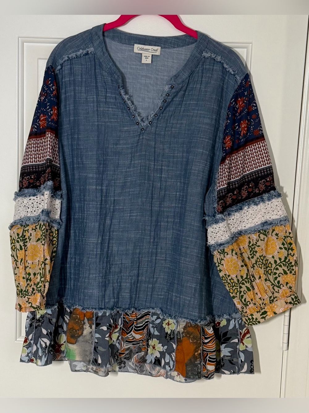 Coldwater Creek Blue Patchwork Peasant Tunic with Floral Sleeves